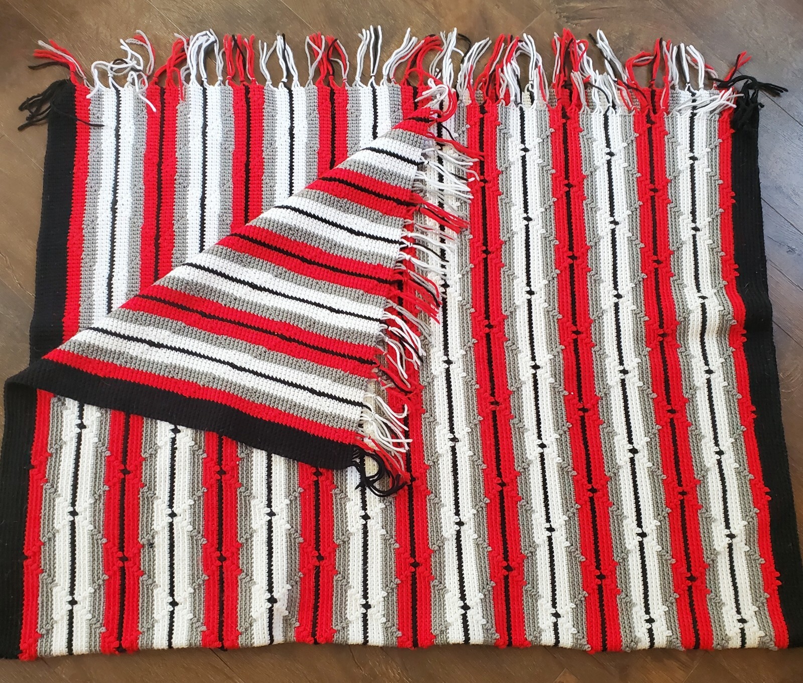 Handmade Blanket, Afghan, Crochet - Red, White, Gray, Black Tribal 48 X 72" gallery