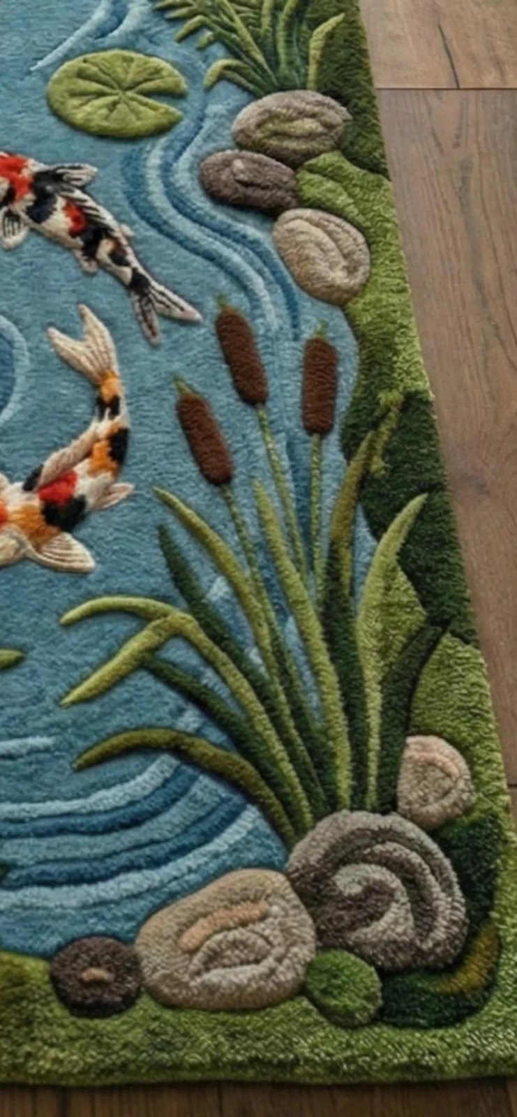 Hand Tufted Koi Pond Wool Runner Rug Nature Hallway Decor Water Garden Japanese gallery