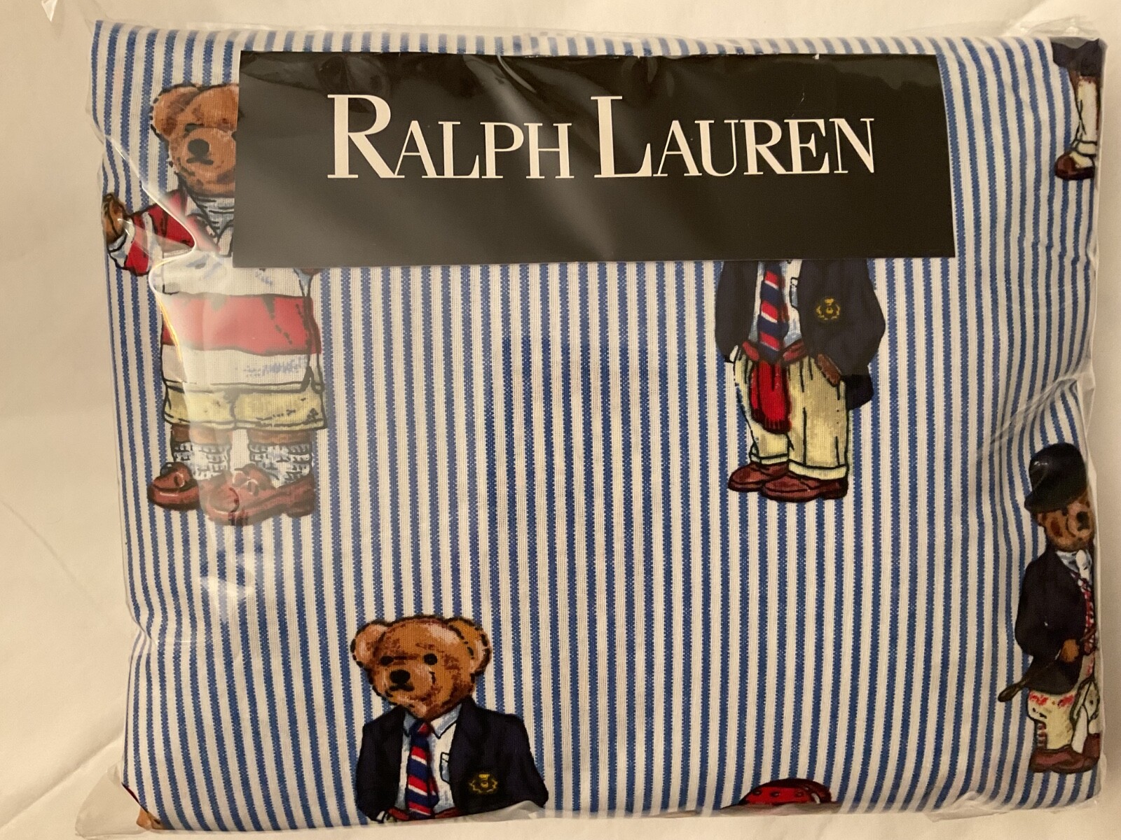 NIP Ralph Lauren Polo Bear Blue Pinstripe King Flat Sheet Green Label gallery