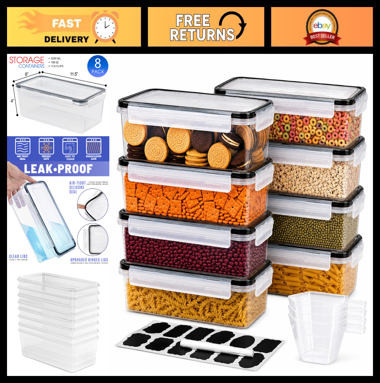 Airtight Food Storage Containers - 8 Pack, Snap Lids for Freshness - Kitchen Pan gallery