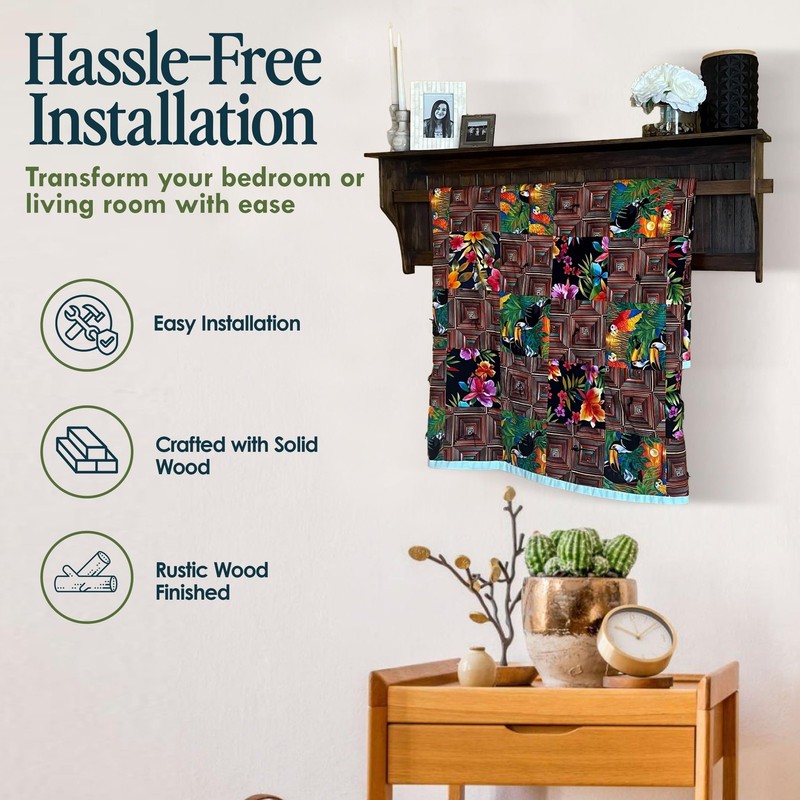 RELODECOR Wall Mounted Quilt Rack with Shelf - Solid Pine Wood, Rustic Brown gallery