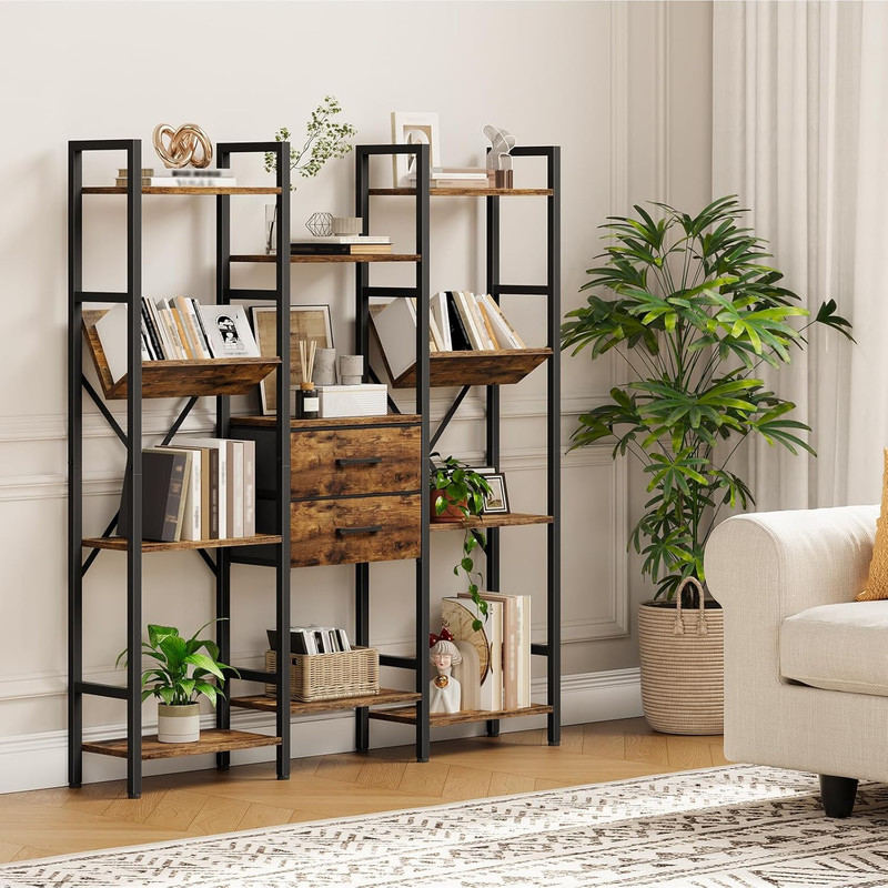 Rustic Brown & Black 3-Column Bookcase with Drawers and V-Shaped Shelves gallery