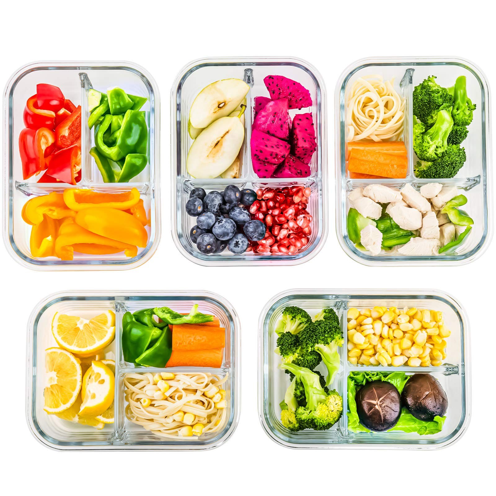 5-Pack,3 Compartment Glass Meal Prep Containers Set,34oz, Divided Glass Food ... gallery
