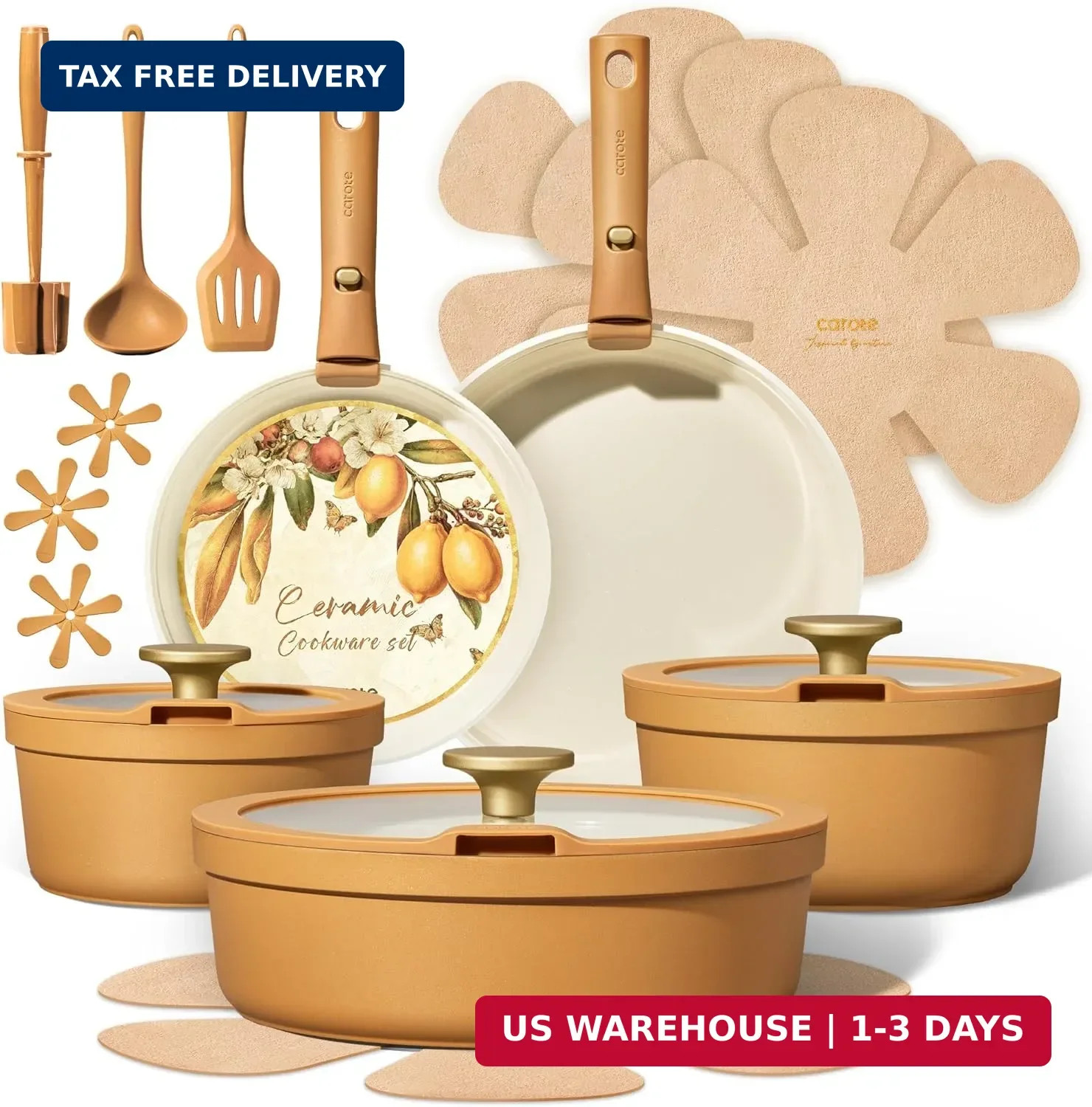 Carote 20pcs Ceramic Cookware Set with Detachable Handles, Pots and Pans Set Non gallery
