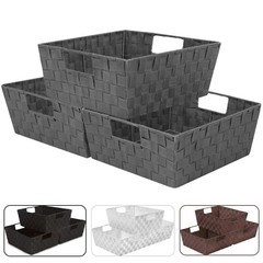 3 Pack Woven Basket Bin Set – Stackable Shelf Storage Tote Baskets with Handles