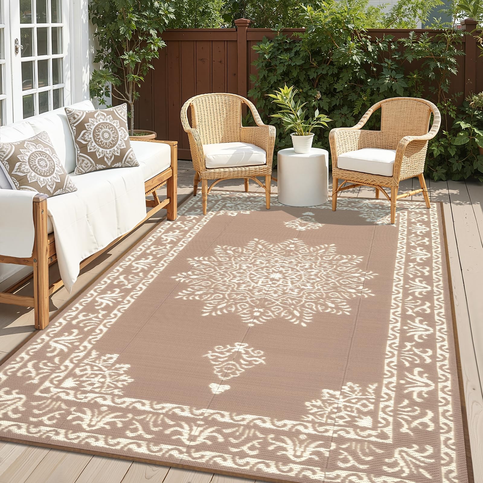 Yamaziot Outdoor Rug 6x9 Ft, Waterproof Plastic Straw 6' x 9', Beige Brown gallery
