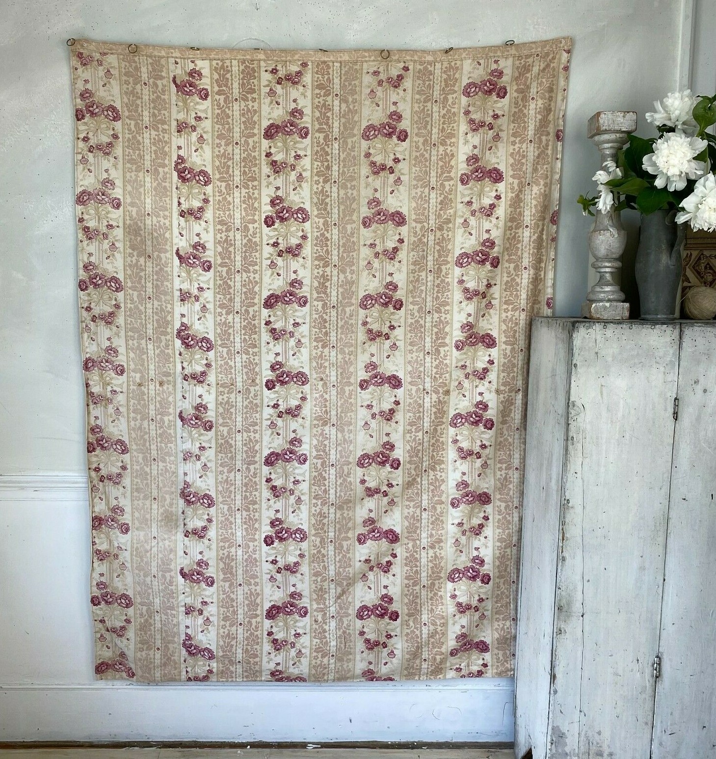 French antique curtain heavyweight cotton floral stripe pink carnation fabric gallery