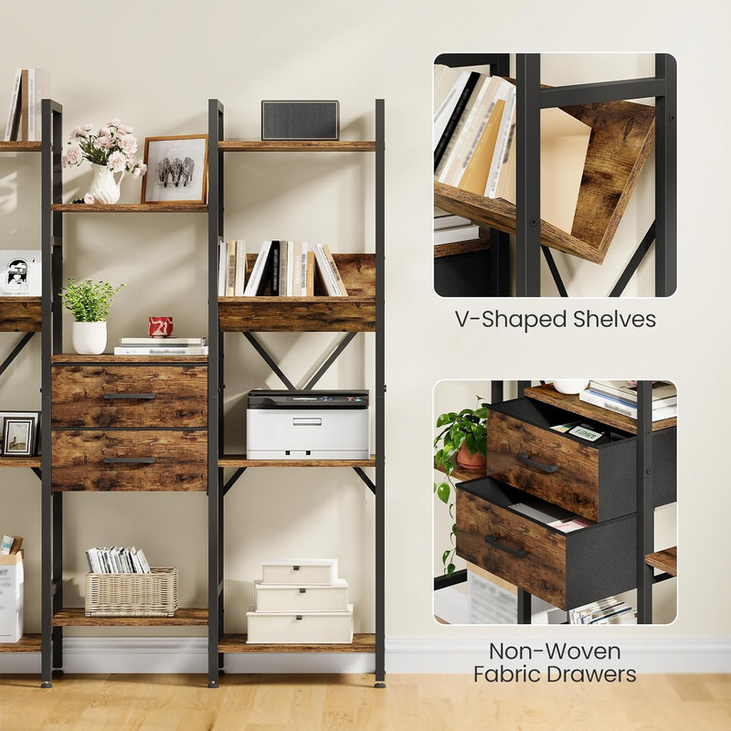 Rustic Brown & Black 3-Column Bookcase with Drawers and V-Shaped Shelves gallery