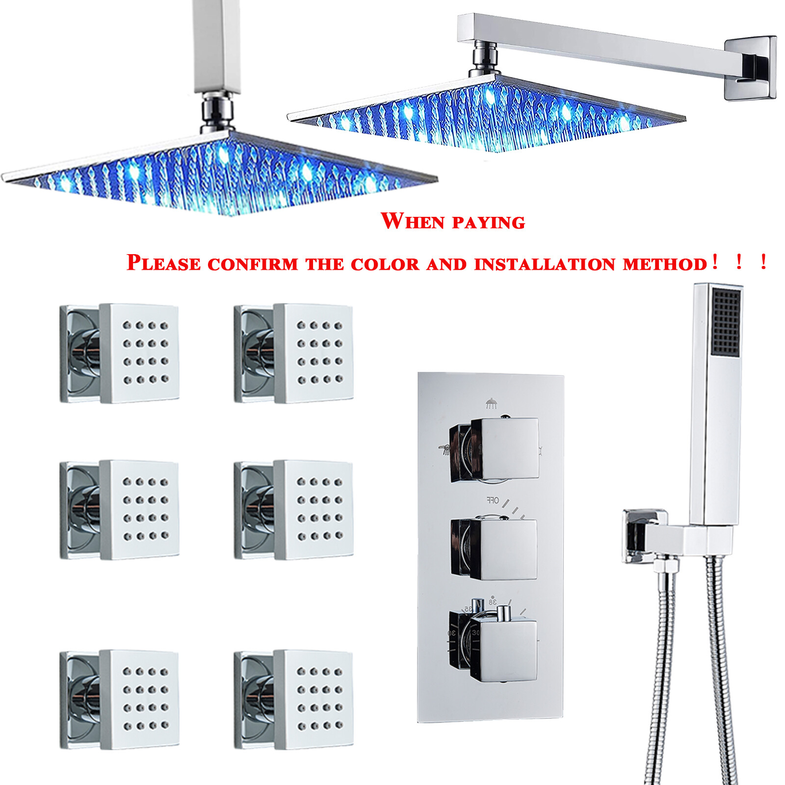 Thermostatic Shower Faucet Set Kit with Valve LED Rain Head Combo Massage System gallery