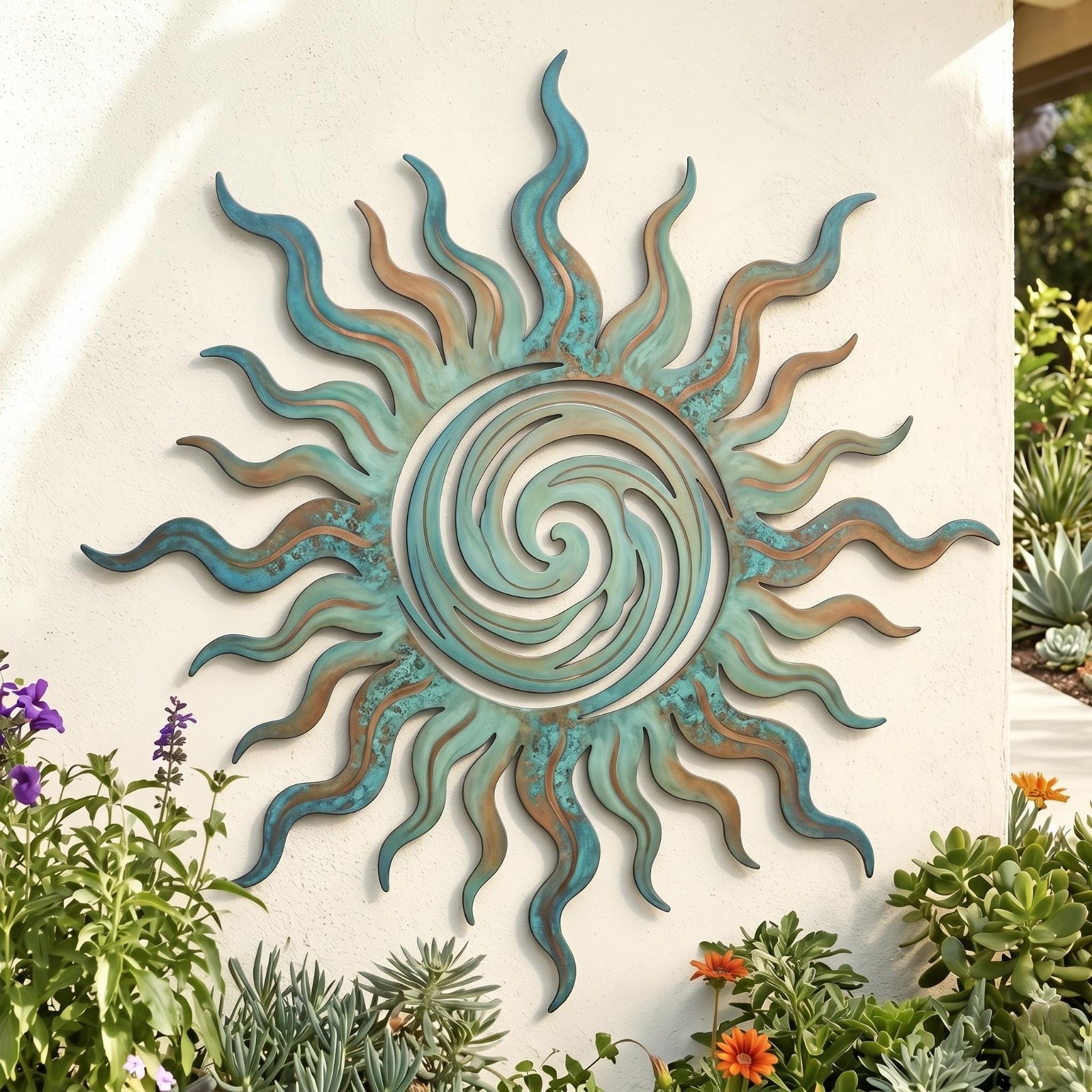 Copper Sunburst Wall Sculpture, Rustic Backyard Garden Plaque, Outdoor Fence gallery
