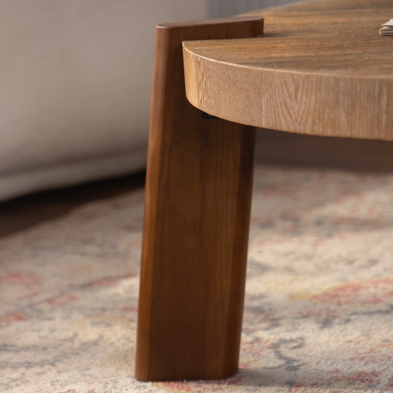 36.61" Round Herringbone Coffee Table, Solid Wood & MDF, Natural Finish gallery
