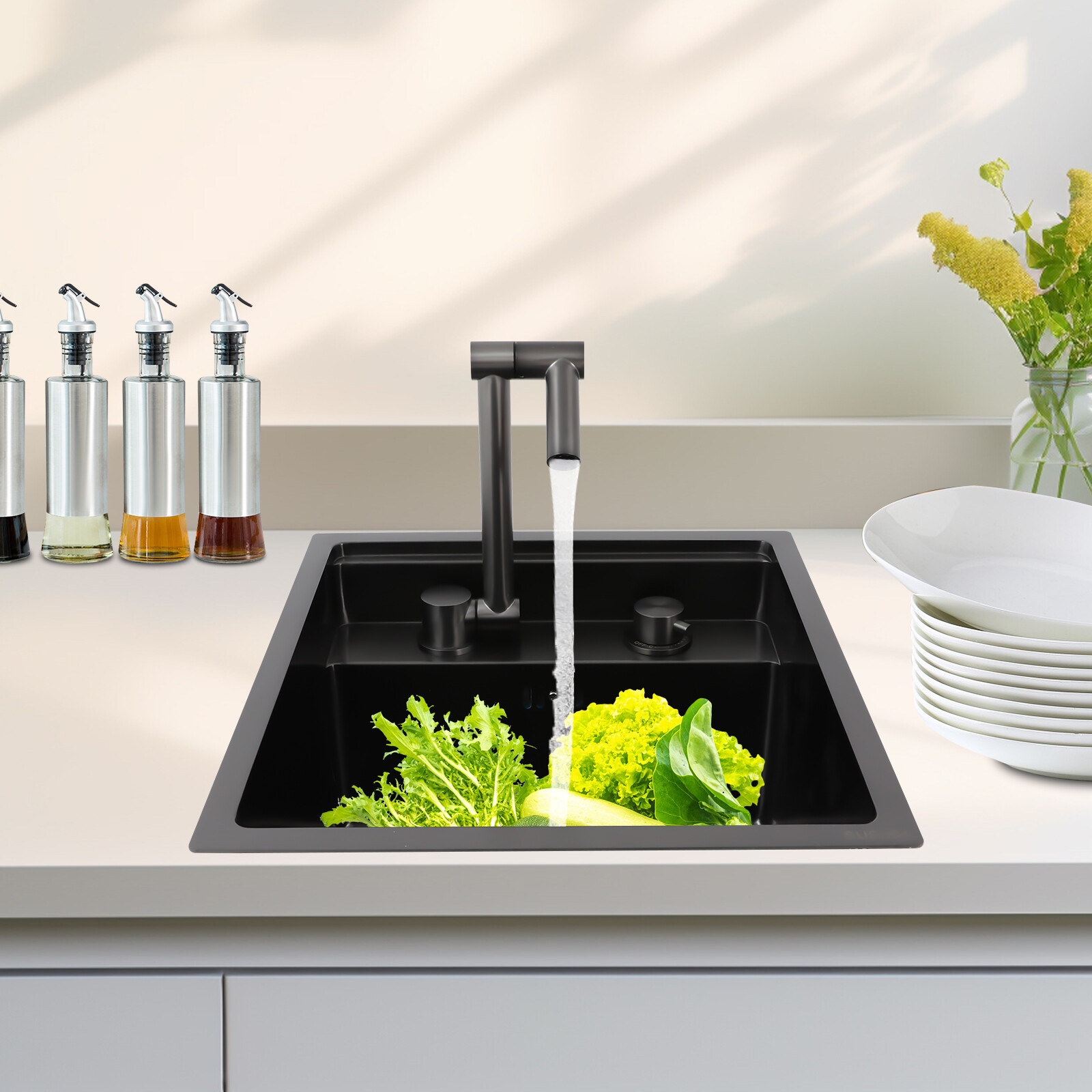 Stainless Steel Hidden Kitchen Square Sink Single Bowl W/Folding Faucet 10kg gallery