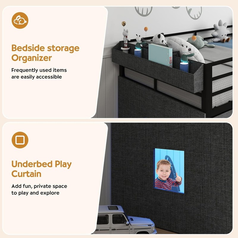 Twin Low Loft Bed with 7 Storage Drawers, Bookcase and LED Lights, Metal Kids gallery