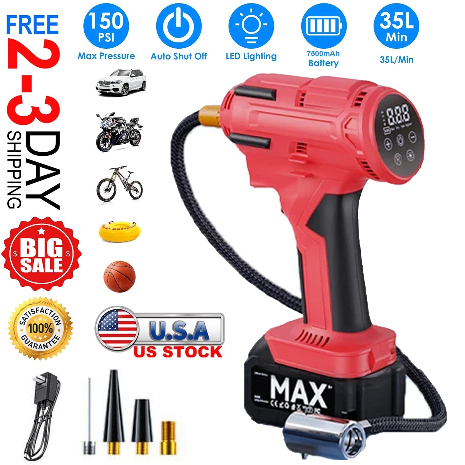 150PSI Cordless Tire Inflator Portable Air Compressor Car Air Tire Pump +Battery gallery