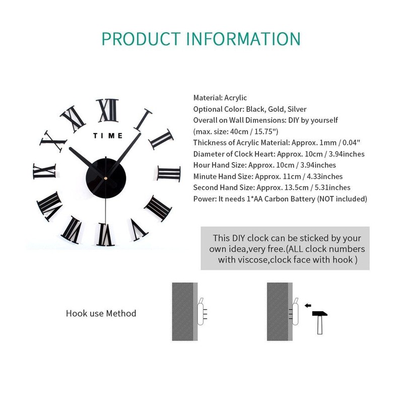 Large 3D Mirror Surface Wall Clock Modern DIY Sticker Office Home Shop Decor USA gallery