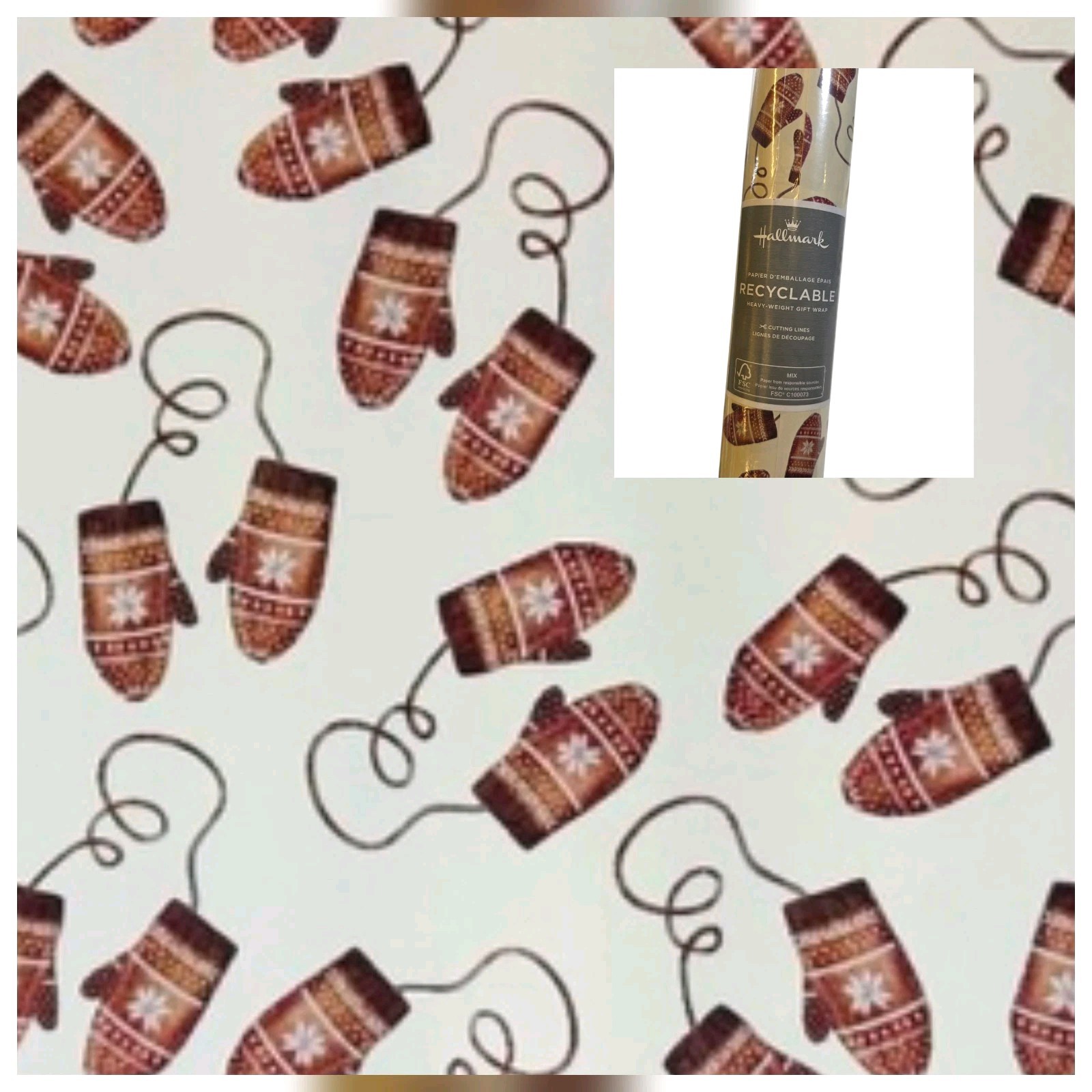 Hallmark Wrapping Paper Christmas Winter Mittens 40 sq ft Roll Holiday Sealed gallery