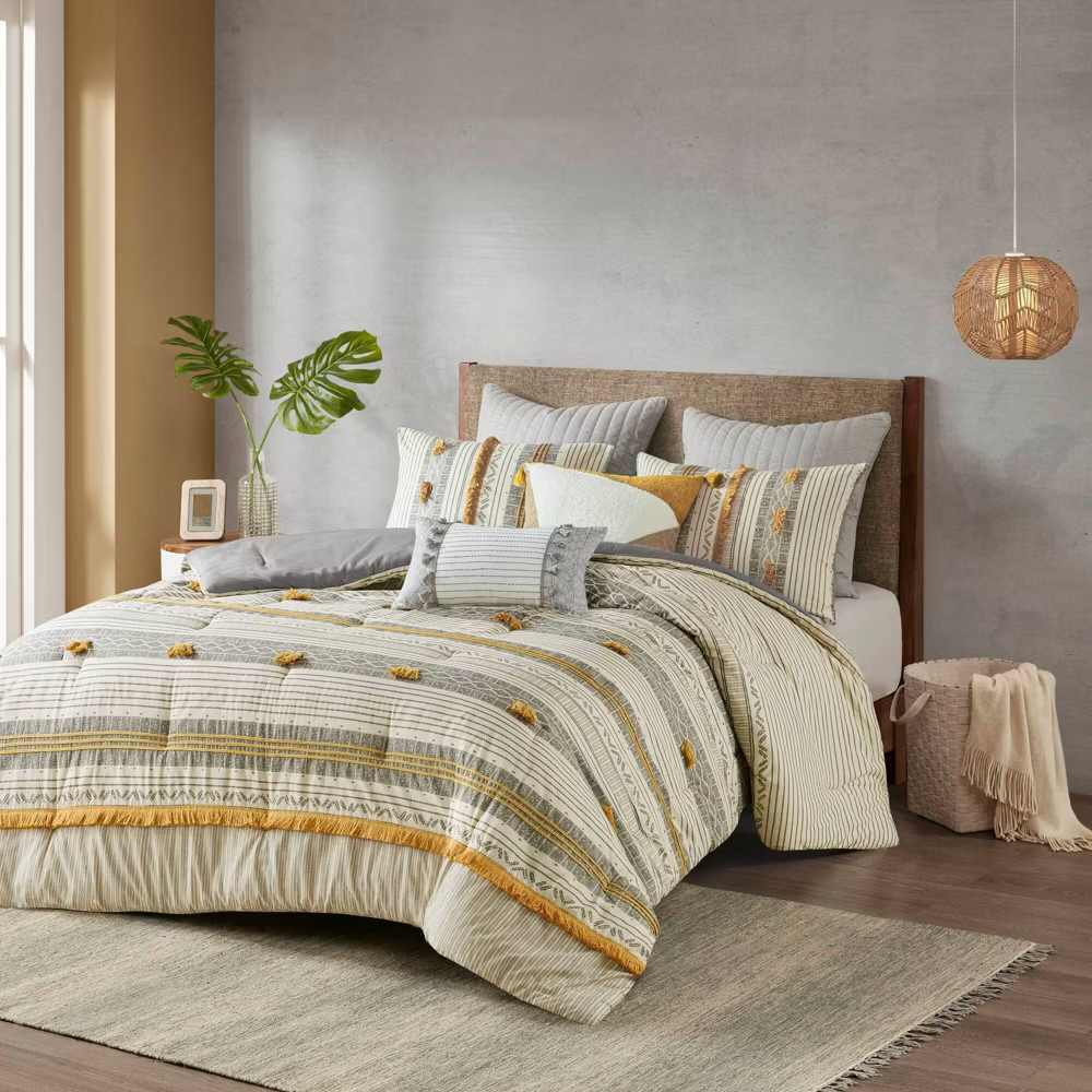 Full/Queen 3pc Cody Cotton Comforter Set Gray/Yellow gallery