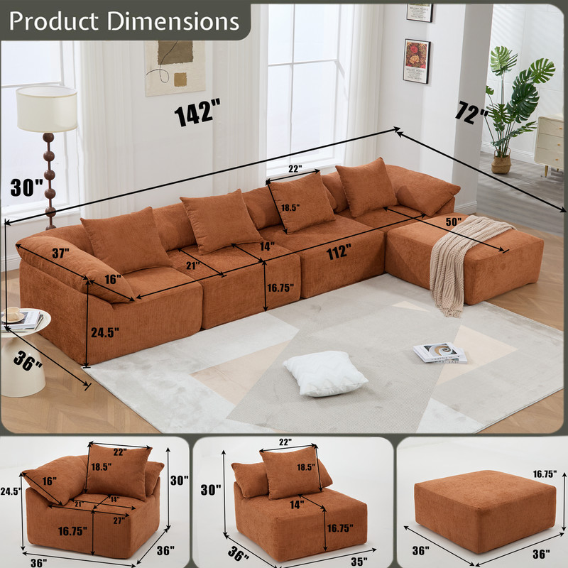 142" L Shaped Modular Sectional Sofa Convertible Sleeper Couch w/Ottoman Orange gallery