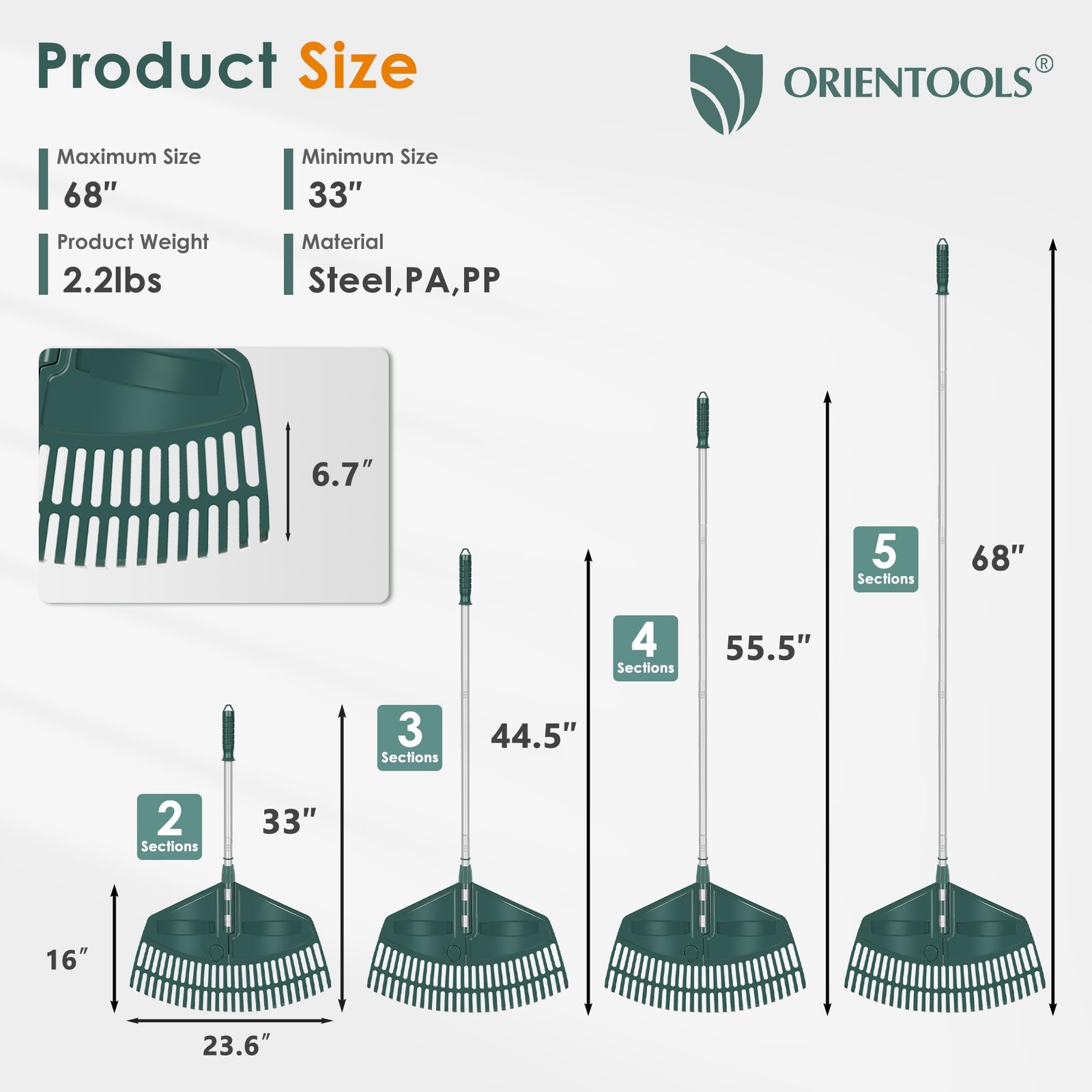 69" Adjustable Leaf Rake with 5-Section Handle, 26-Tine Durable Plastic Head,... gallery