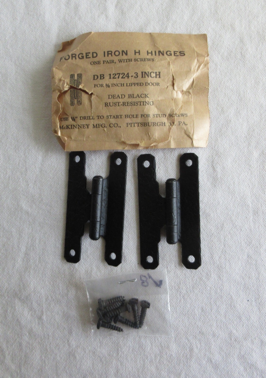NOS McKinney 3/8” offset H hinge hammered black 3" with 2 1/2” center hole 12724 gallery
