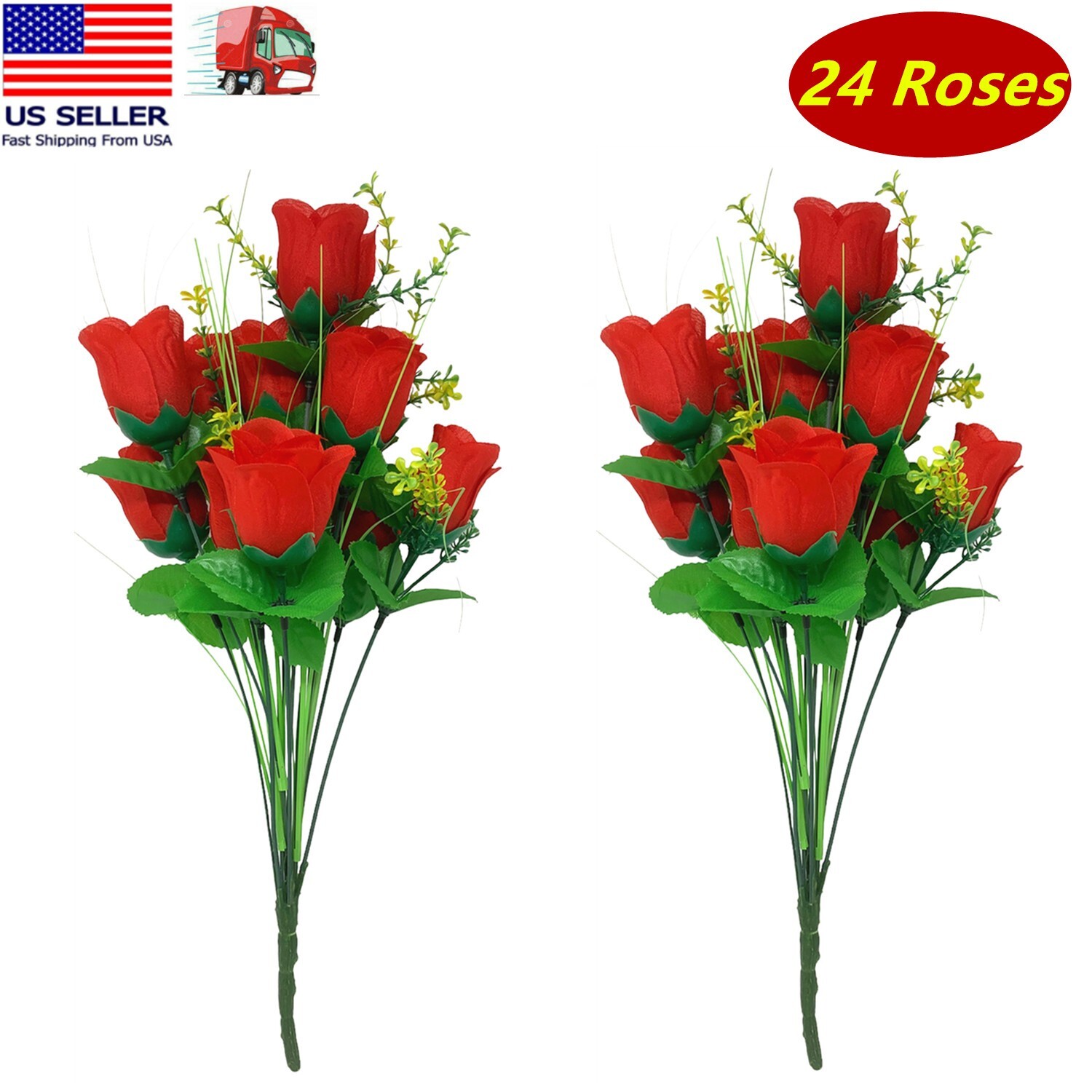 24 Red Rose Buds, Artificial Silk Flowers, Wedding Bouquets, Home, Faux Roses gallery
