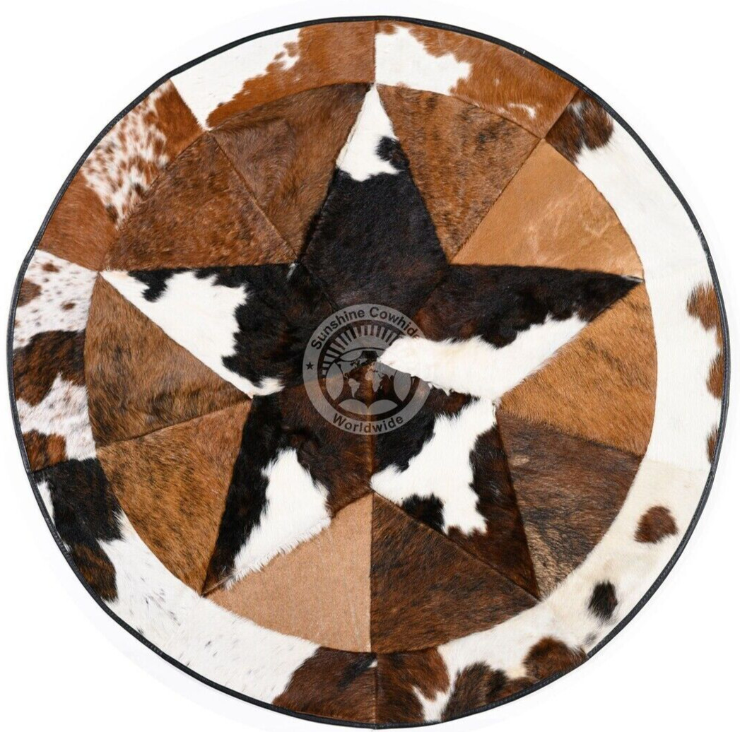 Real Cowhide Round Rug Tricolor Single Star 60" gallery