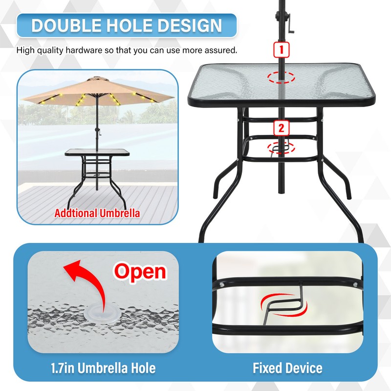 Outdoor Dining Table Patio Table w/ Tempered Glass Umbrella Hole for Lawn, Yard gallery