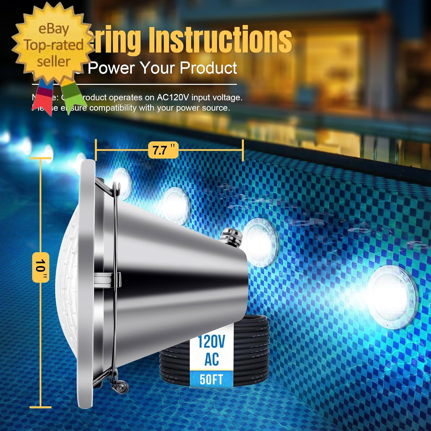 120V 10-Inch Waterproof Pool Light for Inground Pools – IP68 Rated, Includes 2 X gallery