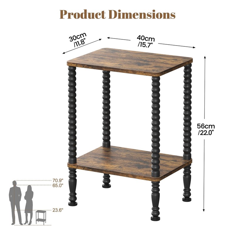 Side Table Small End Table 2Tier Nightstand Storage Shelves Rustic Brown Black gallery