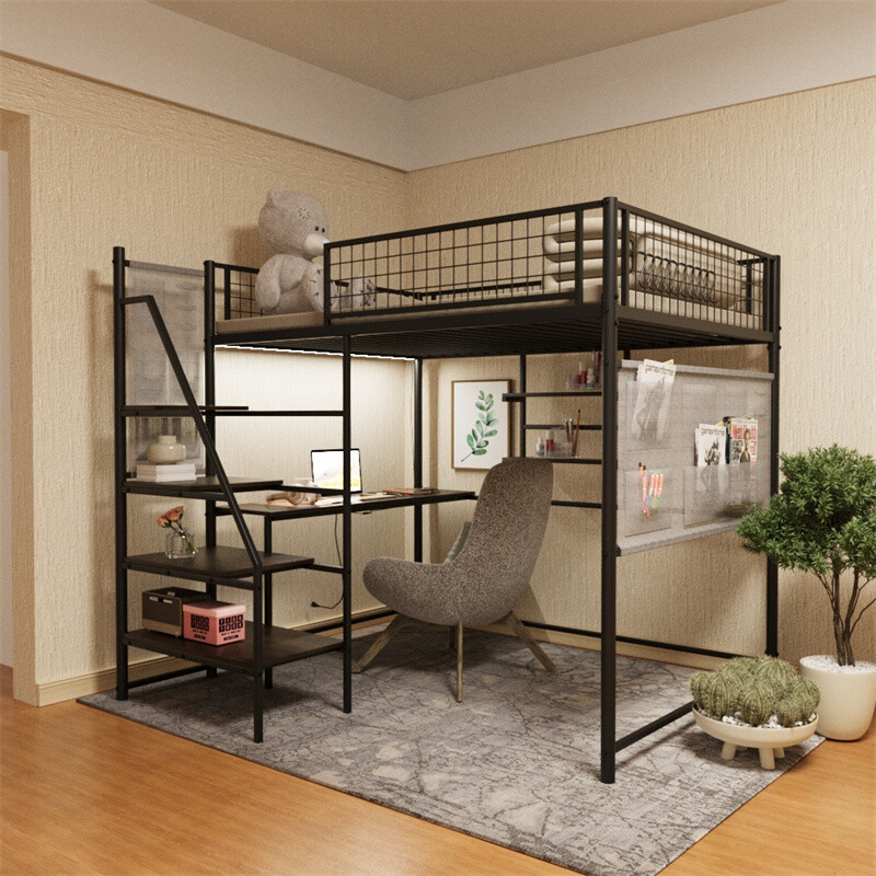 Full Size Metal Loft Bed w/Desk,Storage Stairs,Shelves & LED Light for Dormitory gallery