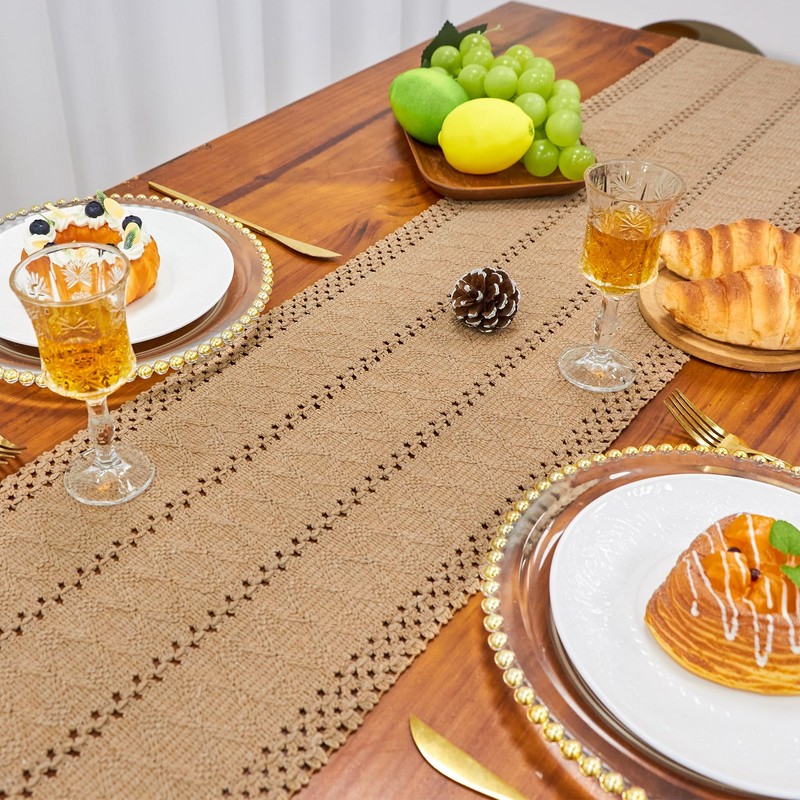Brown Boho Table Runner Spring Burlap Coffee with Tassels 72 Inches Long for ... gallery