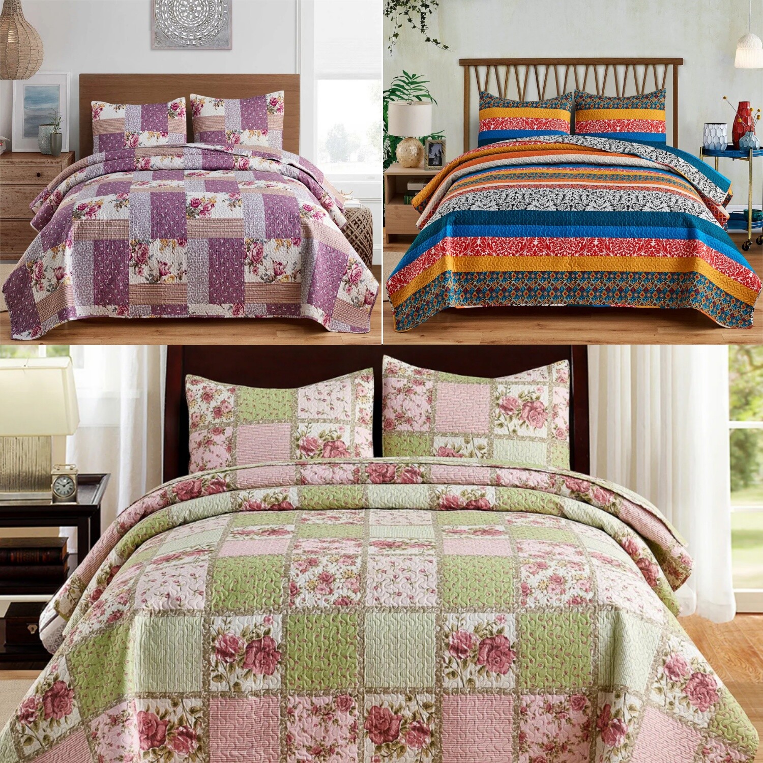 3 Piece Authentic Blooming Patchwork Quilt Set Bedspread Coverlet & Shams Queen gallery