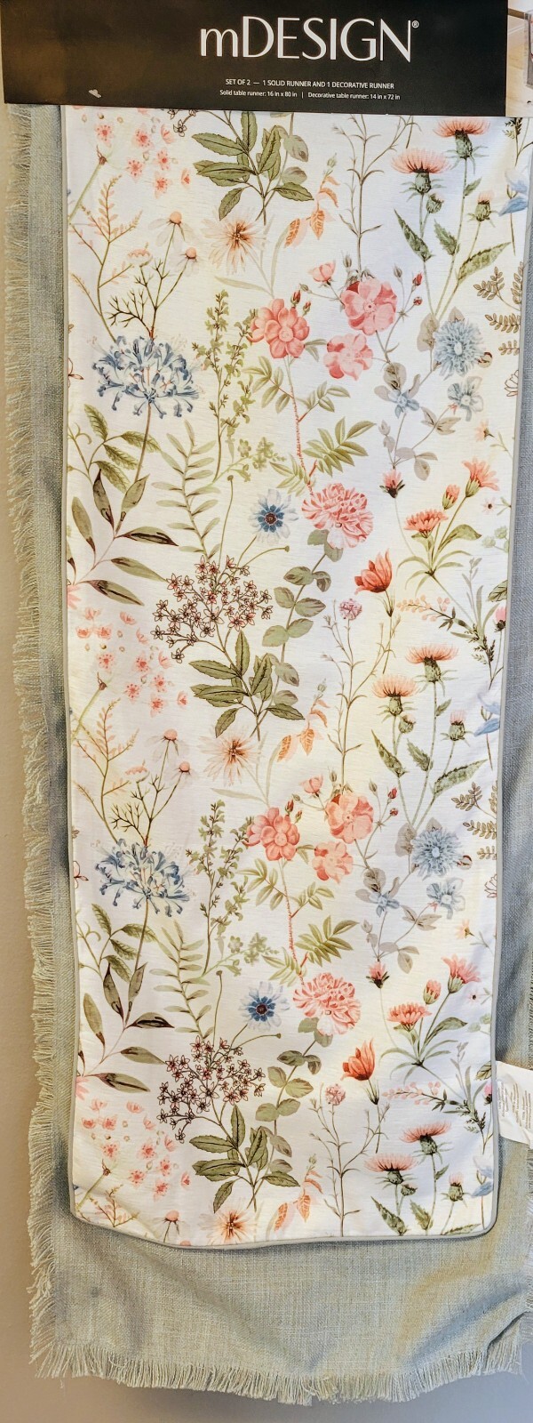Mdesign Spring Table Runner 2 Piece Floral Printed 14x72 & Solid Blue 16x80 gallery