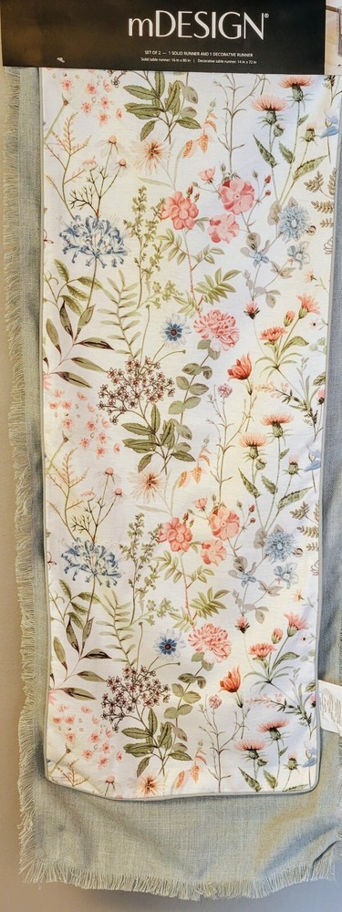 Mdesign Spring Table Runner 2 Piece Floral Printed 14x72 & Solid Blue 16x80