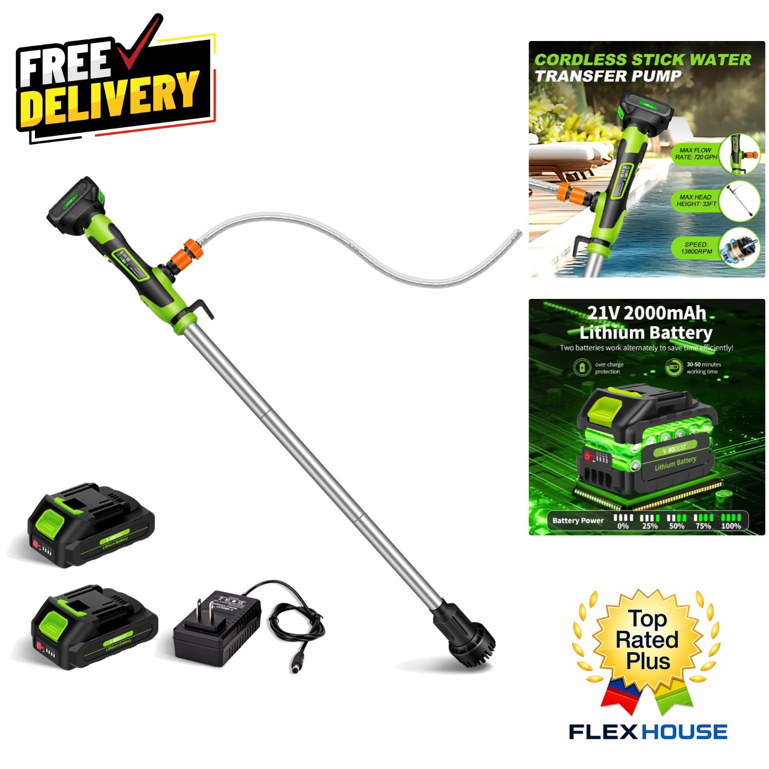 Cordless Stick Water Transfer Pump 720GPH with Dual 21V Batteries - Portable gallery