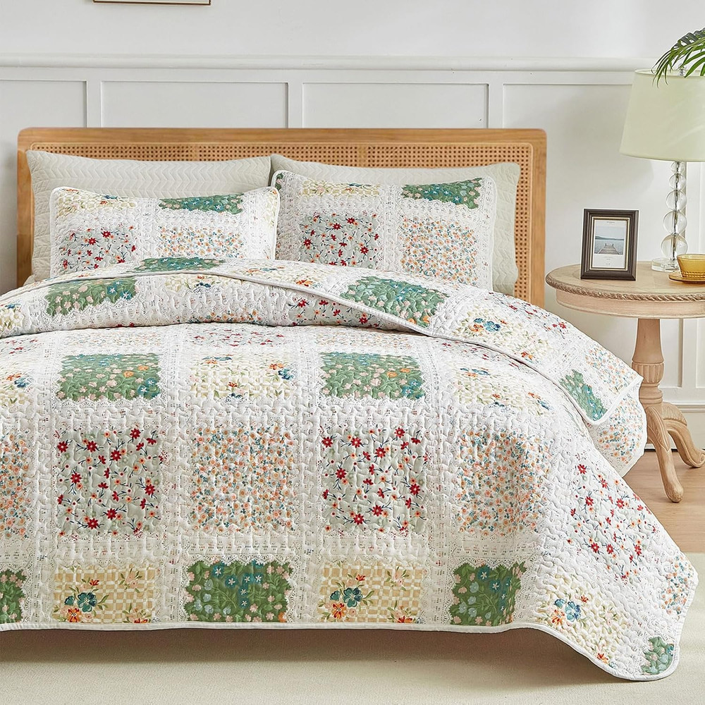 3 Pieces Quilt Set Full/Queen, Patchwork Floral Boho Design, Soft N Cozy Microfi