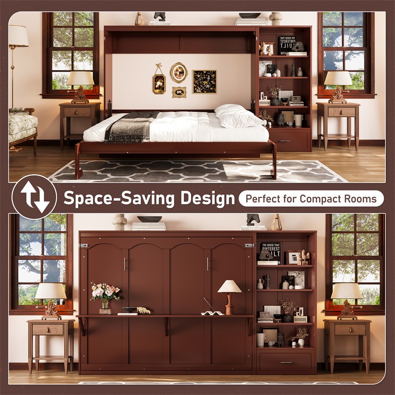 Queen Size Murphy Bed Multifunctional Foldable Bed Wall Bed Frame w/Drawer Walnu gallery
