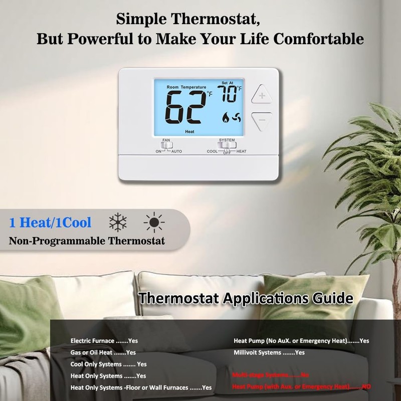 Thermostat NonProgrammable Digital 1 Heat/1 Cool Single-Stage Systems White gallery
