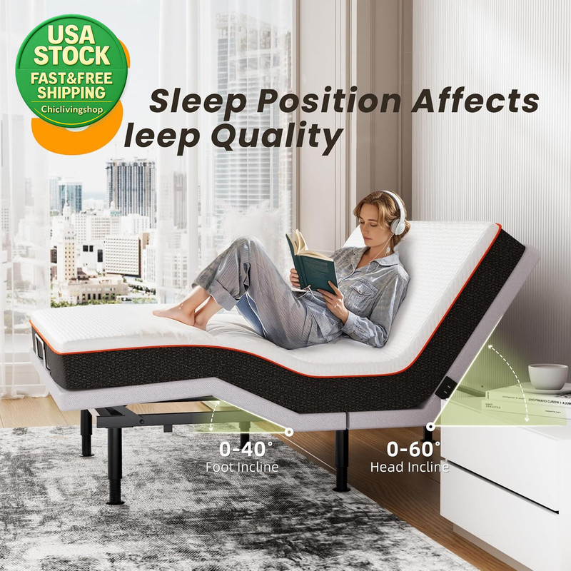 Electric Queen Adjustable Bed Frame Wireless Remote Head Foot Incline USB Light gallery