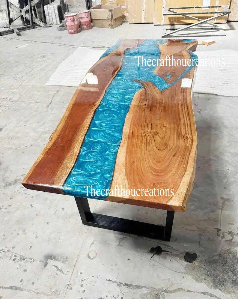 Blue Epoxy Resin River Coffee & Dining Table Top, Live Edge Wooden Table Decor gallery