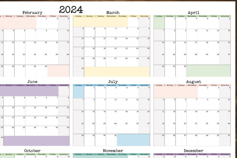 Large Wall Calendar, Annual Planner, Start On Any Month, 36" x 24" or 24" x 16" gallery