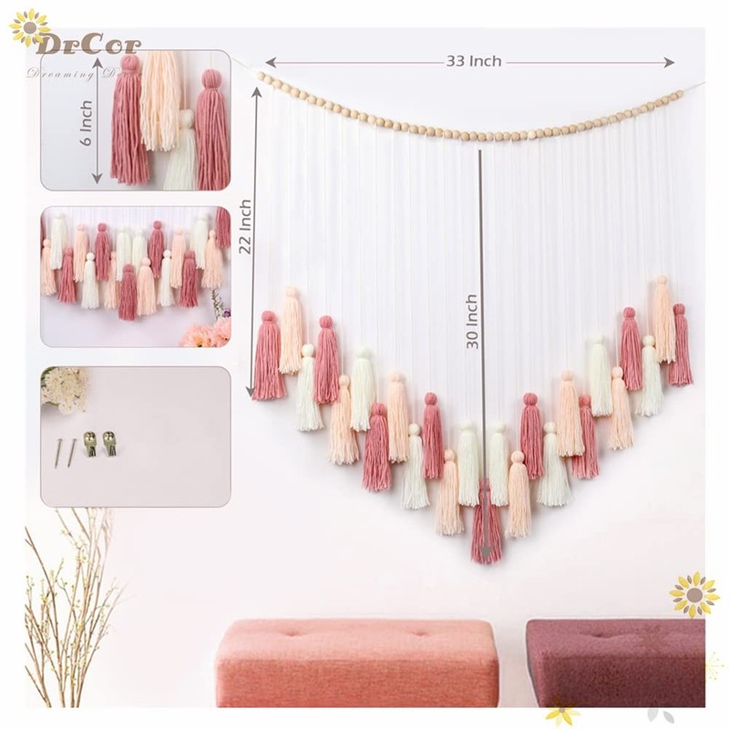 DrCor Blush Pink Boho Macrame Wall Hanging – Handmade Rose Gold Tassel Decor ... gallery