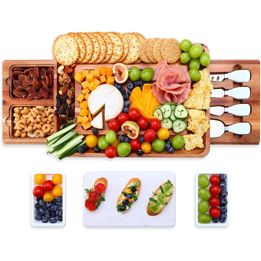 Large Acacia Wood Cheese Board Set Charcuterie Board with Drawers Serving Tray gallery