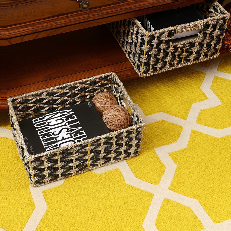 Rectangle Hand Weaved Wicker Baskets Water Hyacinth Seagrass Bins Set of 2 gallery
