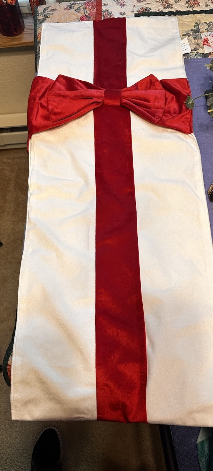 White Christmas Table Runner w/ Large Red Bows No Stains Hobby Lobby 12x 70 in gallery