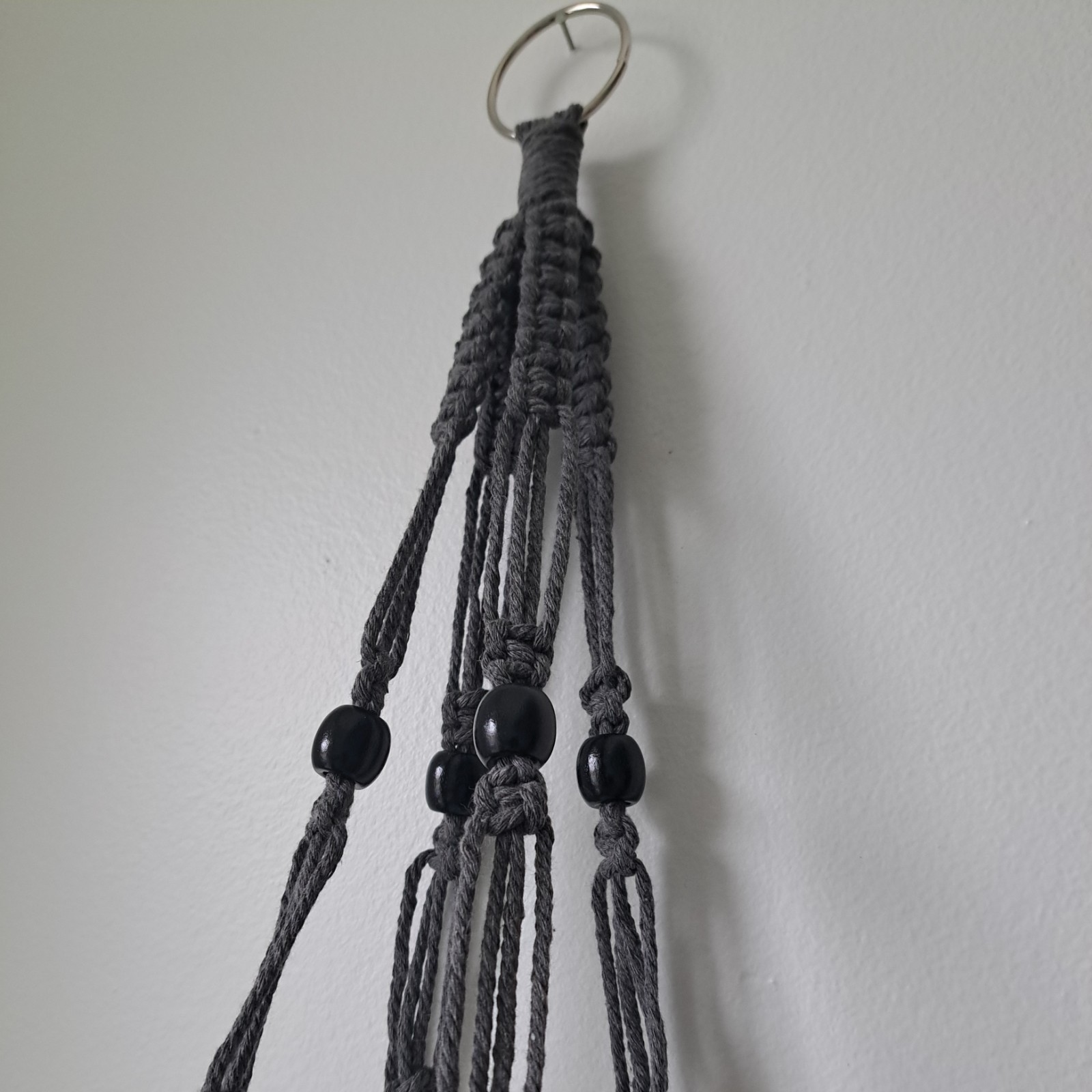 Macrame Plant Hanger, Dark Gray 23", Metal Cotton Wood Beads Handmade gallery