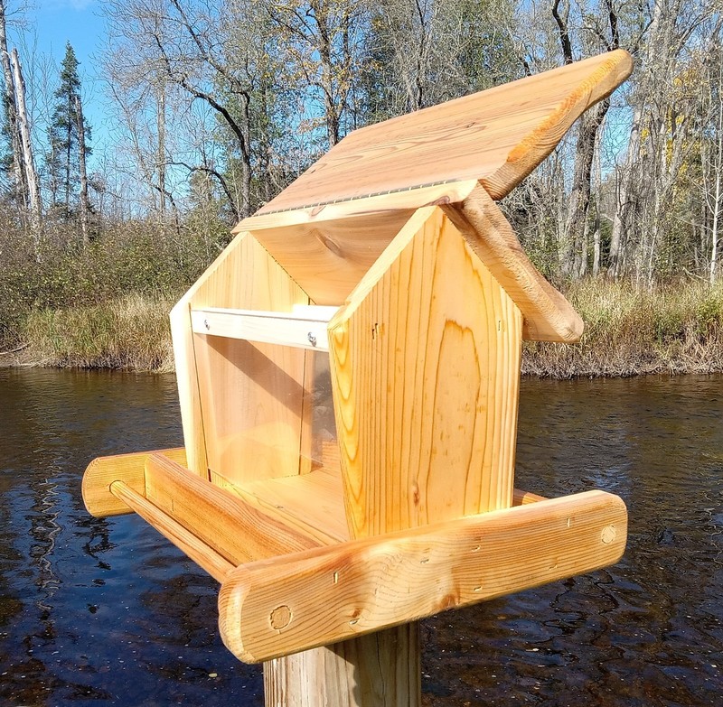 Rustic, large, handmade, cedar wood, square post mount bird feeder, TBNUP #1 gallery