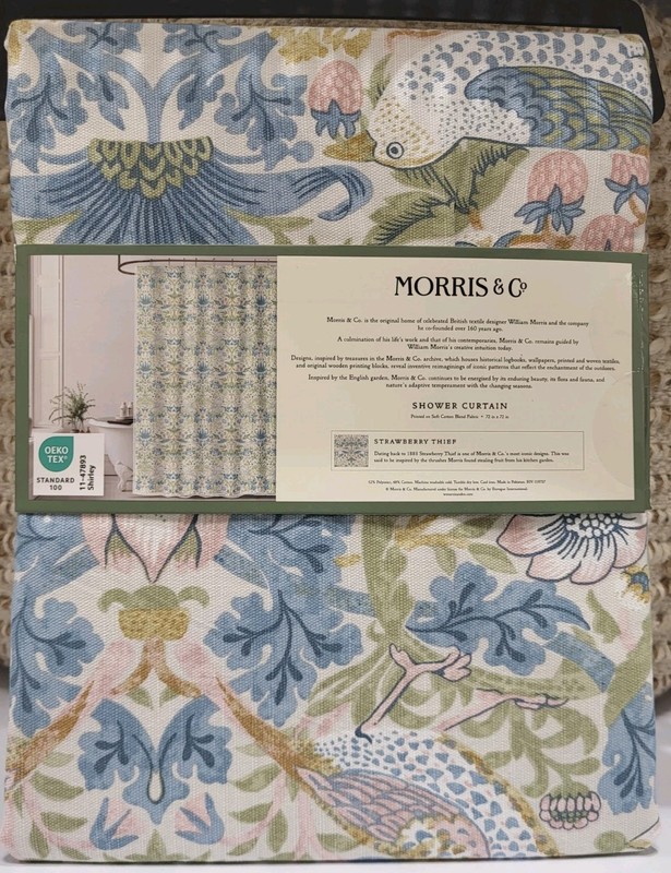 William Morris & Co STRAWBERRY THIEF Shower Curtain Green Blue Pink Summer NEW gallery