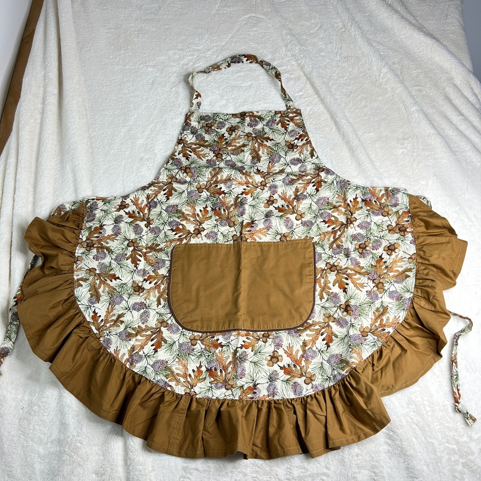 Handmade Apron Acorns & Pinecones Beige Tapestry with Pockets & Brown Frill gallery