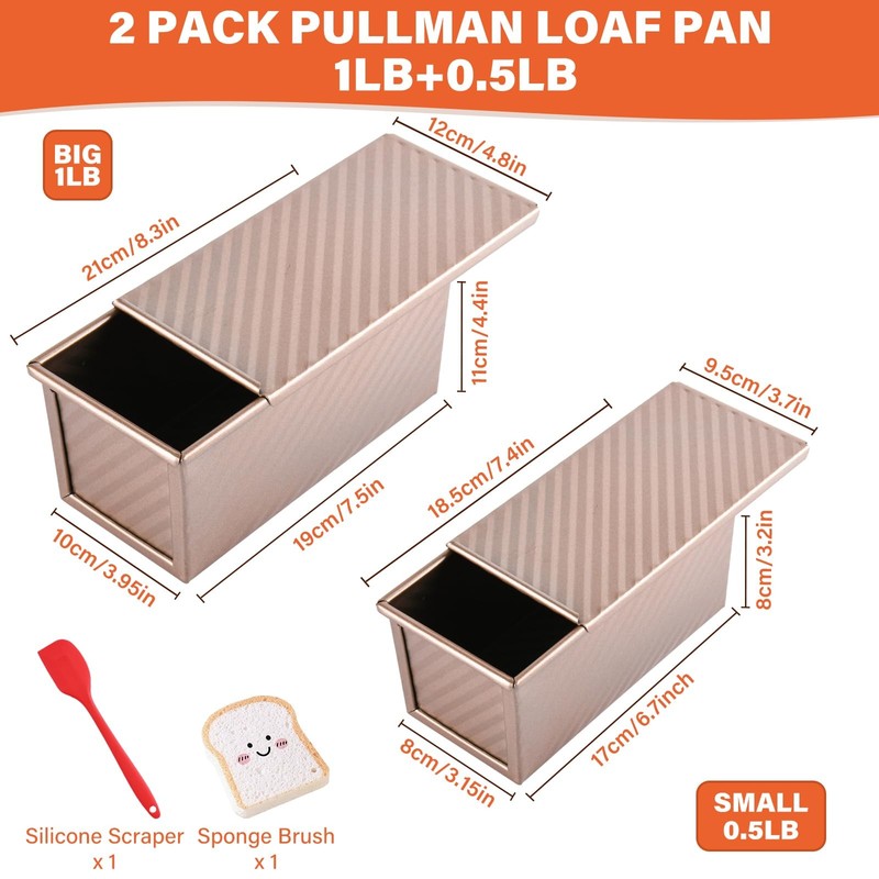 2 Pack Pullman Loaf Pan with Lid 1 Lb/0.5 Lb Dough Capacity for Homemade Bread gallery